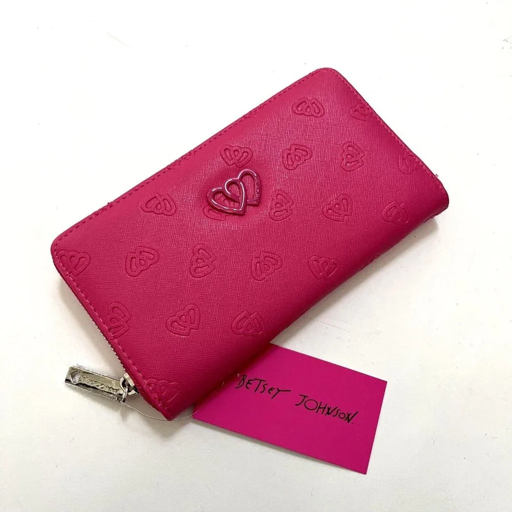 Betsey Johnson Pink Zip Around Long Wallet Double Heart Embossed Fuchsia